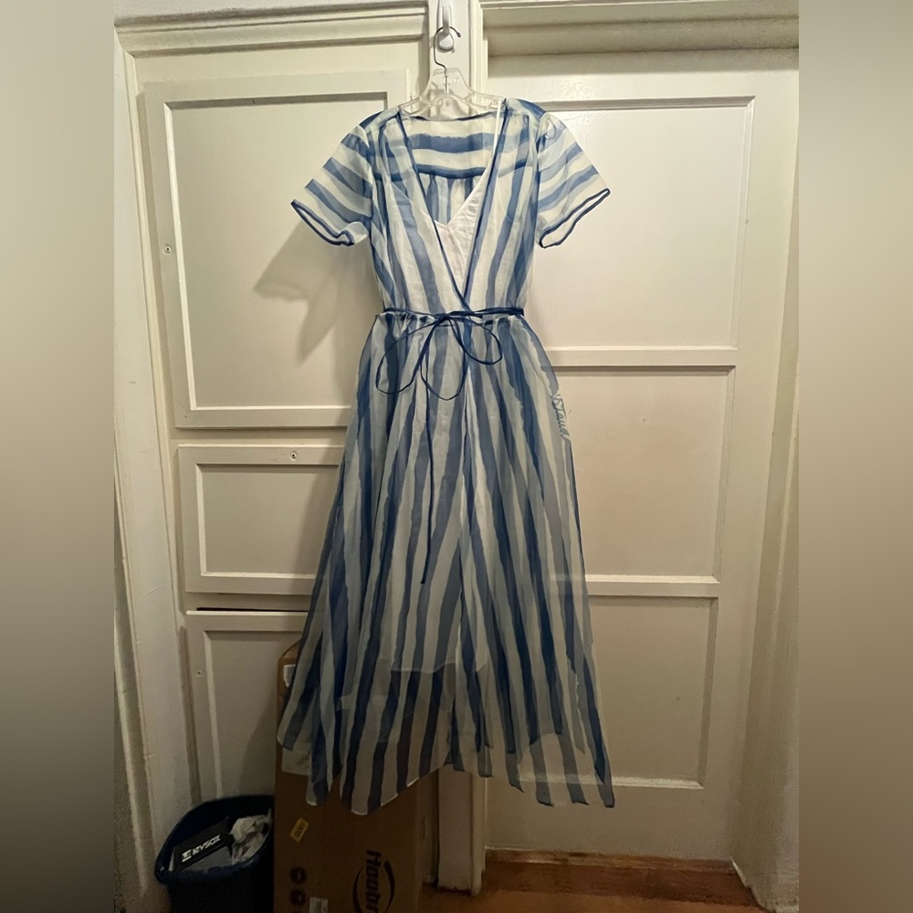 STAUD Blue and White Striped Sheer Midi Dress NWT - Picture 6 of 16